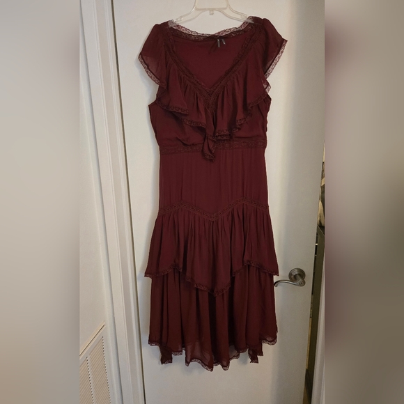 Anthropologie Boho Tiered Ruffle Midi Dress Wine Red Lace - Picture 6 of 8